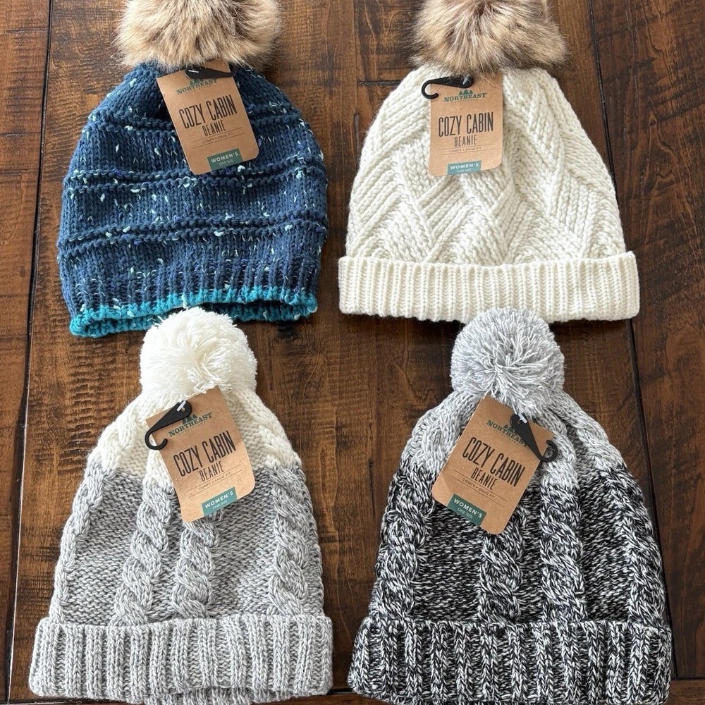 Lot 4 Northeast Outfitters Cozy Cabin Beanie Womens One Size Multi Color Pom NEW